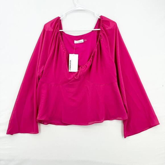 HEATHERLY Blouse Women Size XXL Hot Pink Y2K V Neck Flared Sleeve Semi Sheer NWT - Picture 1 of 5